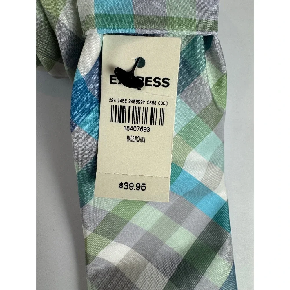 Express Mens Plaid Necktie Blue Green Grey Check Polyester New With Tags